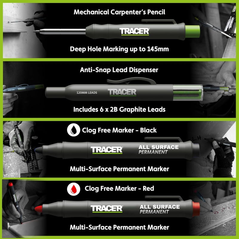 Tracer Marking Kit - Deep Hole Pencil, ALH1 Lead set and 2 Clog Free Markers with Holsters. Construction pencil & Marker set - Image 2
